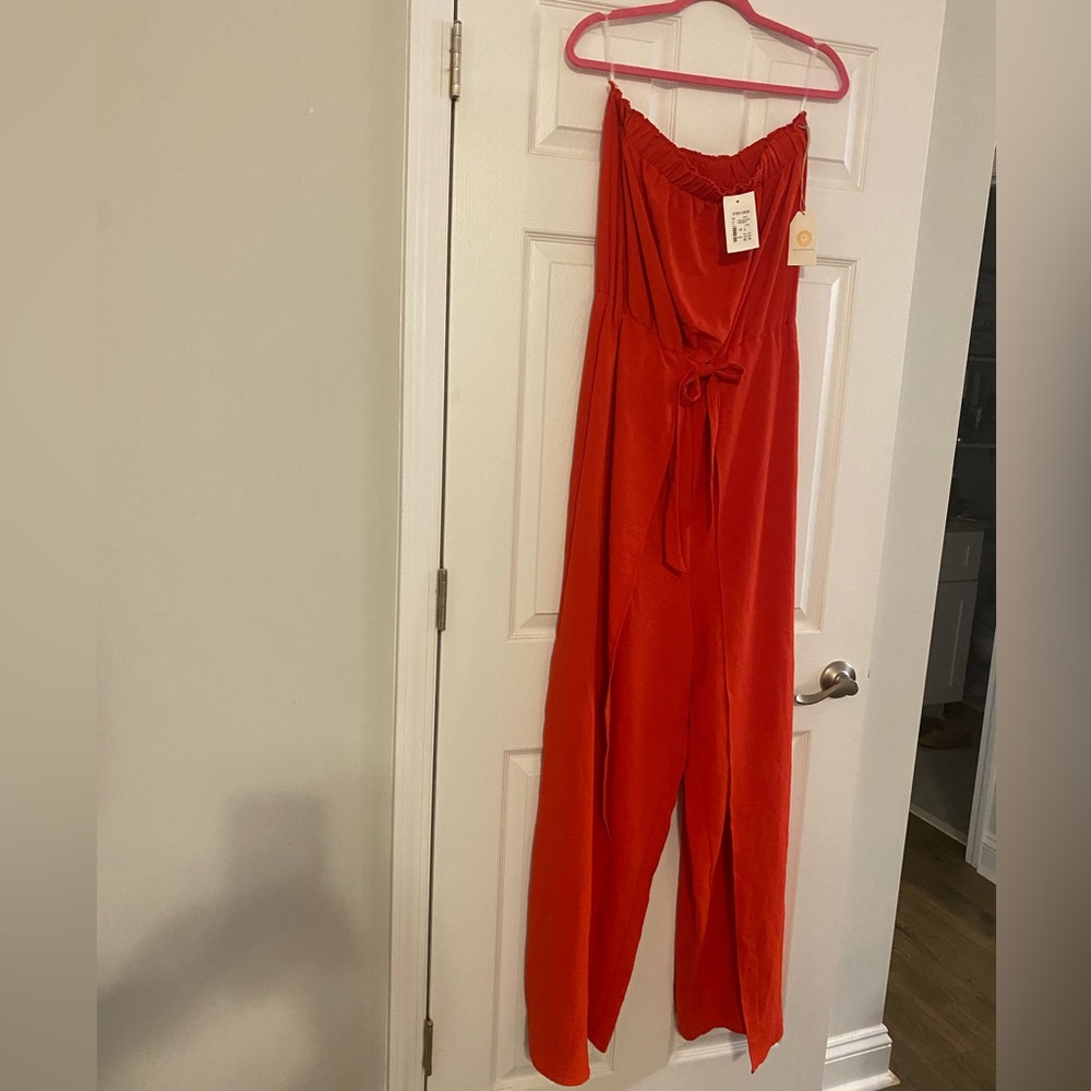 NWT Red Strapless Jumpsuit with Flowy Legs